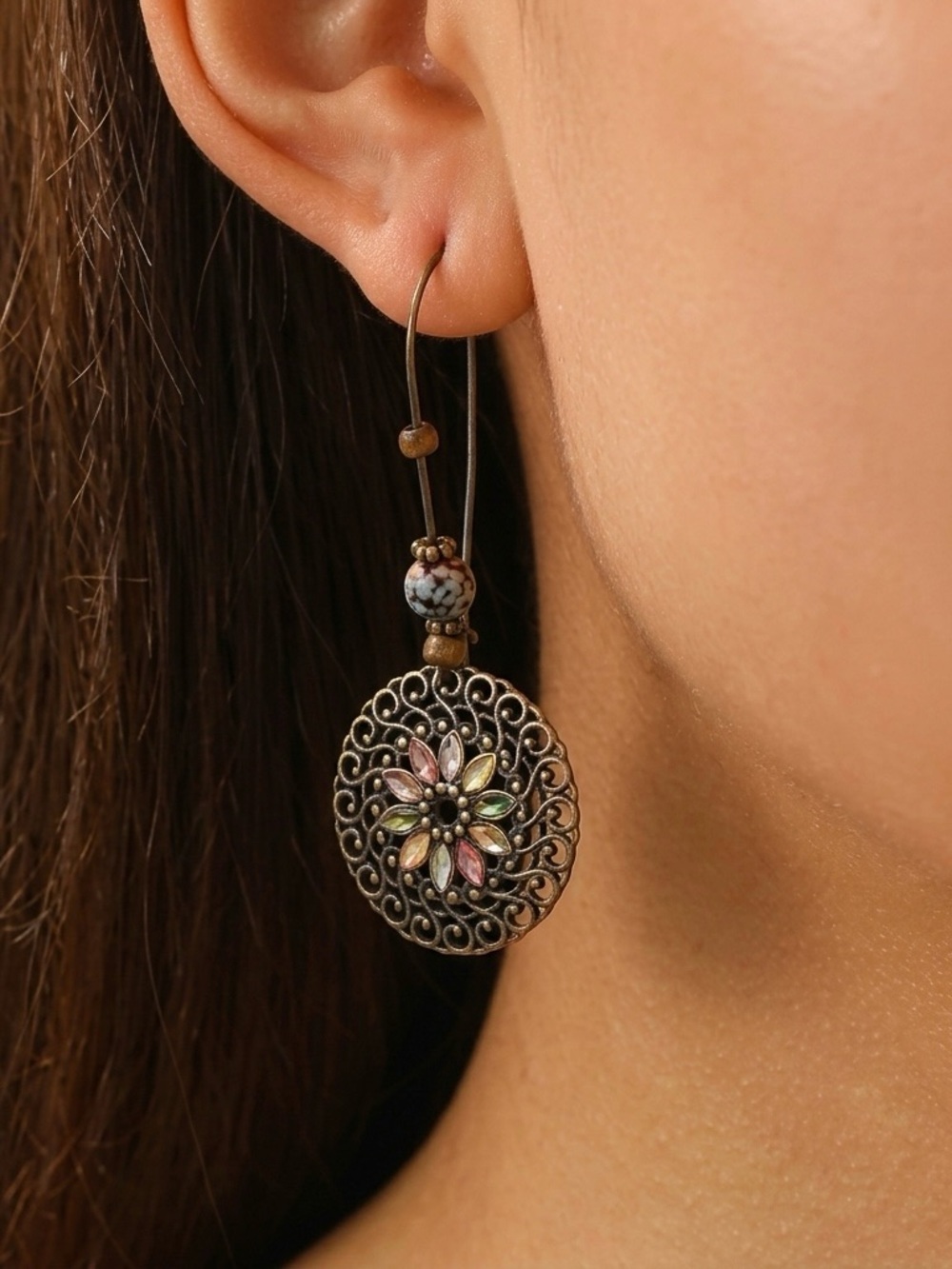 Boho Floral Circle Dangle Earrings